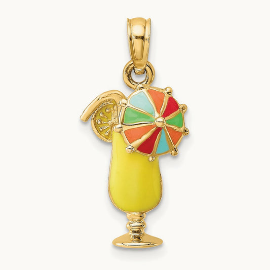 Enamel Drink w/Multi-Colored Umbrella Charm, 14K Yellow