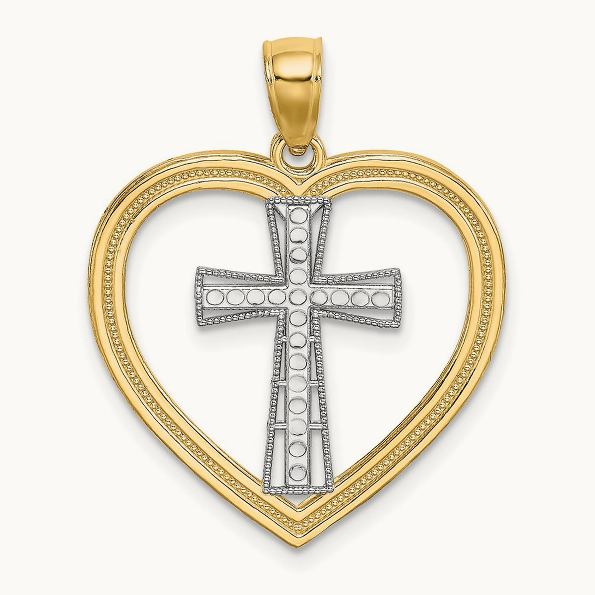 & White Rhodium Heart W/White Cross In Center Charm, 14K