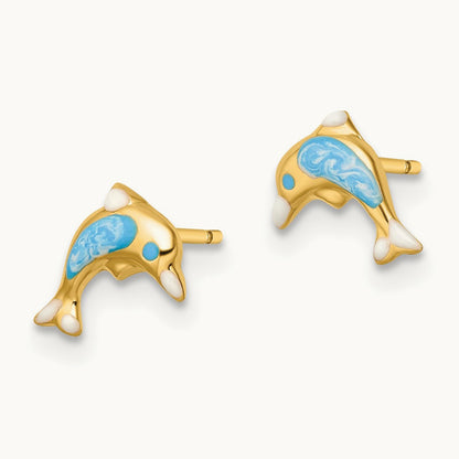Madi K Polished Enameled Dolphin Post Earrings, 14K