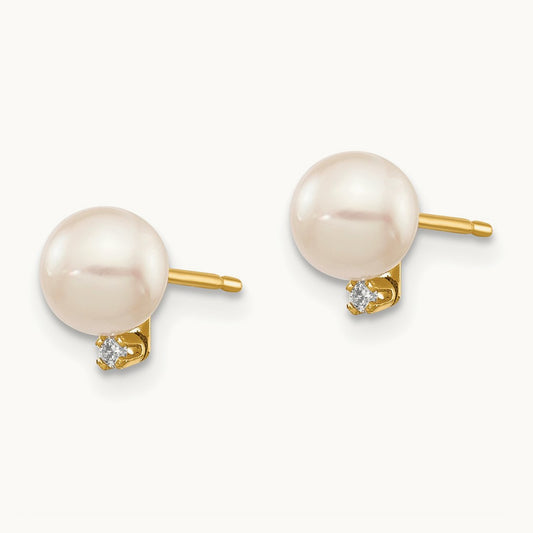 5- White Round Saltwater Akoya Cultured Pearl Diamond Post Earrings, 6mm, 14K