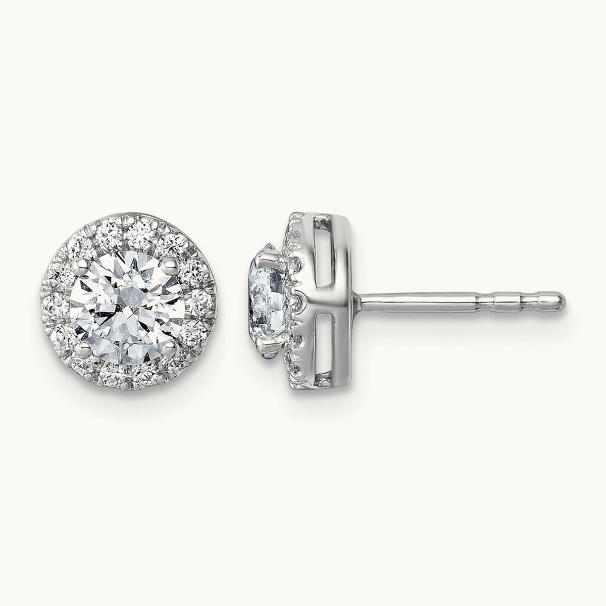 Round Halo Post Earrings, 0.50-7.50 ct tw Lab-Grown Diamond — 1 1/5 ct, 14K White Gold