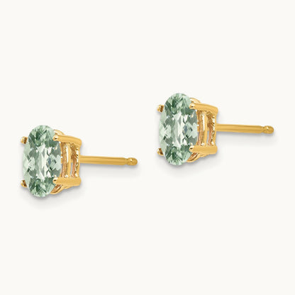 7x5 Oval Checker-Cut Green Quartz Earrings, 14K