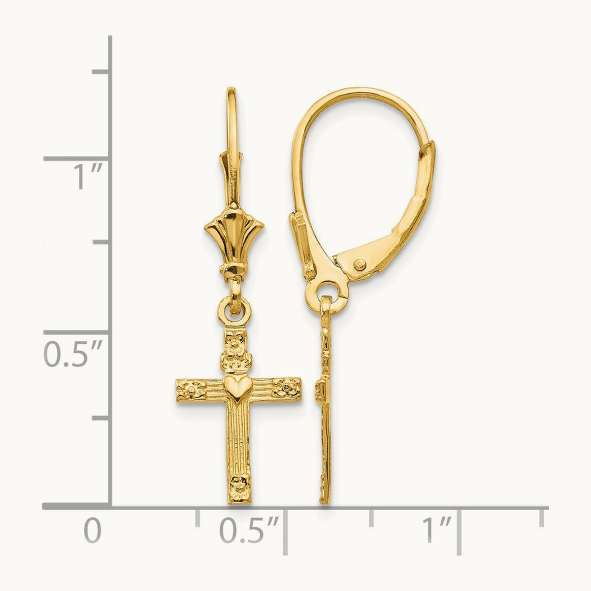 Mini Cross with Heart Leverback Earrings — 14K Yellow Gold