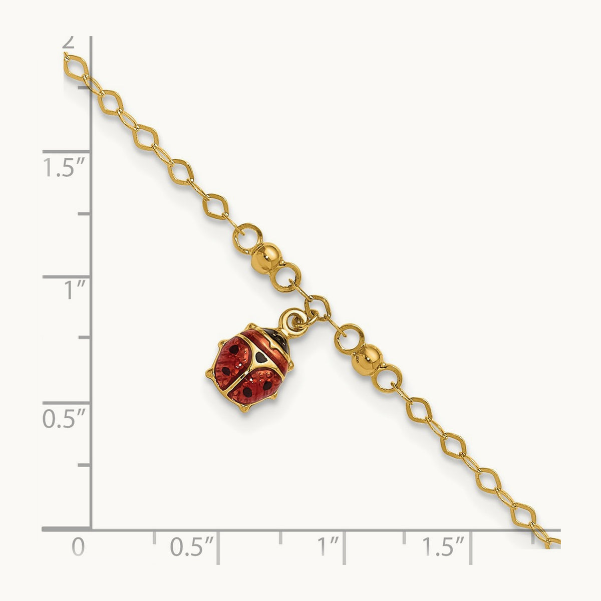 Adjustable Enameled Ladybug 9in Plus 1in ext. Anklet, 14K