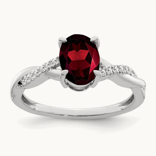 Oval Garnet and Diamond Ring — 14K White Gold, 0.07 ct, 7