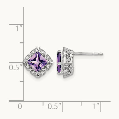 Square Amethyst and Diamond Earrings, 14K White Gold