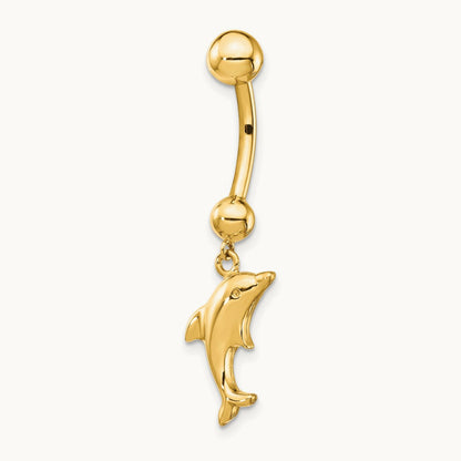 14 Gauge Dolphin Dangle Belly Ring, 14K