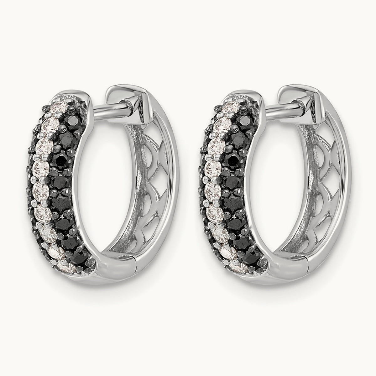 White and Black Diamond Hinged Hoop Earrings, 14K White Gold