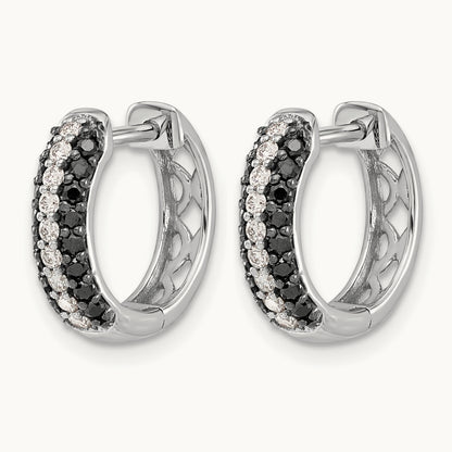 White and Black Diamond Hinged Hoop Earrings, 14K White Gold