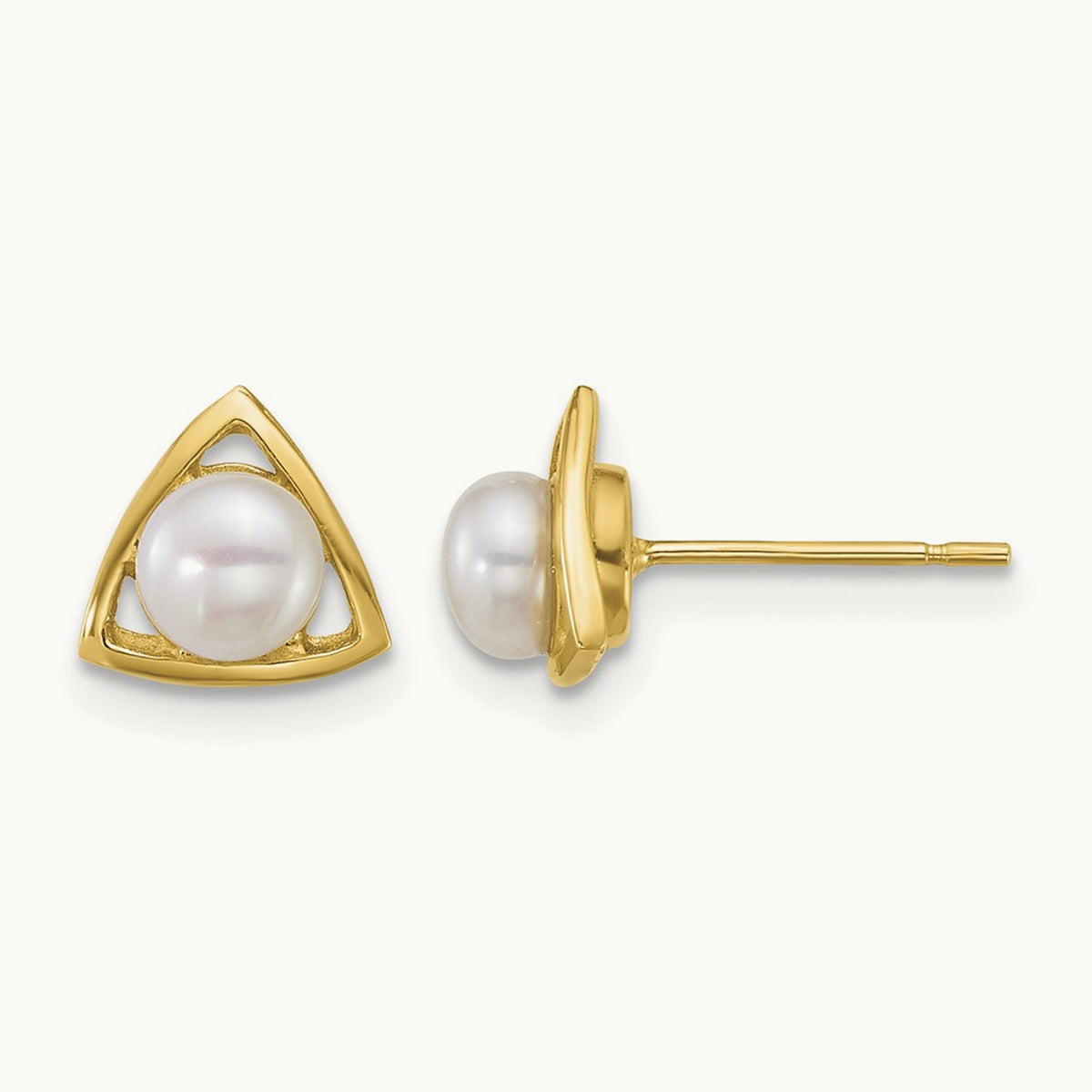 Polished 4- Button FW Cultured Pearl Triangle Post Earrings, 5mm, 14K