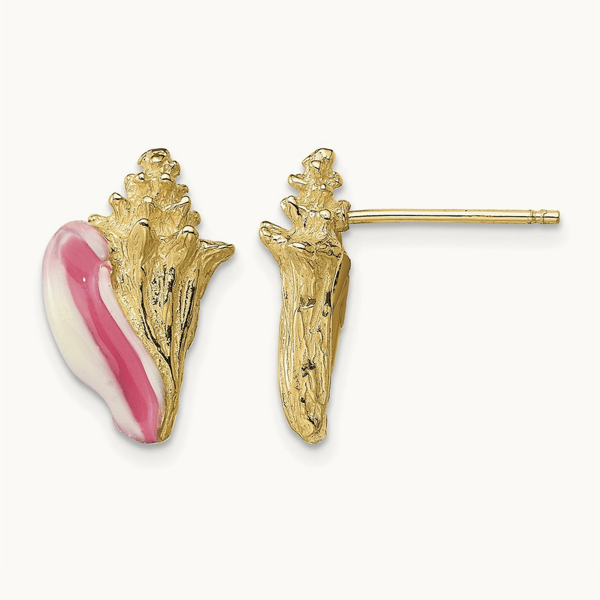 Conch Shell Post Earrings with Pink Enamel — 15.4mm