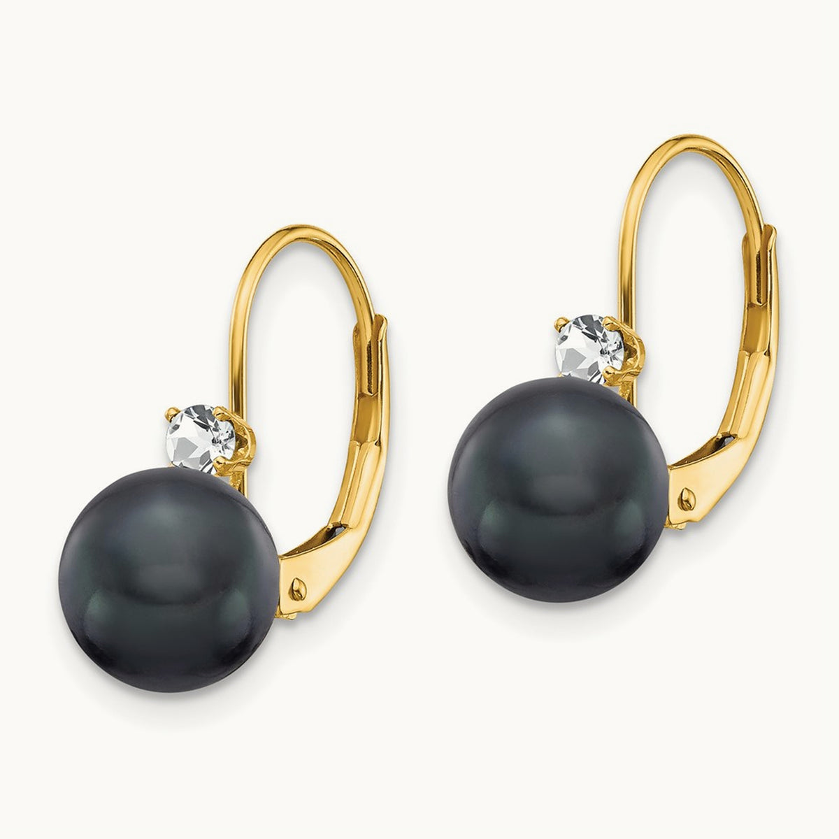 7- Black FW Cultured Pearl AA Diamond Leverback Earrings, 8mm, 14K