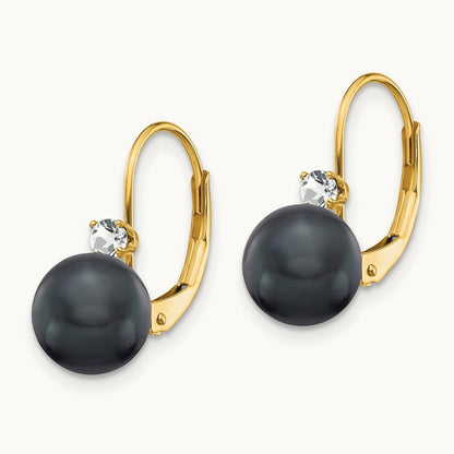 7- Black FW Cultured Pearl AA Diamond Leverback Earrings, 8mm, 14K