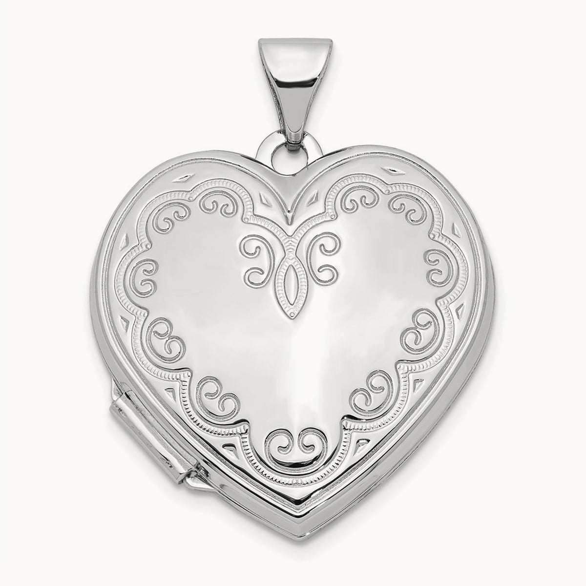 Scroll Design Heart Locket, 14K White Gold