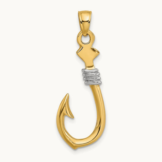 w/Rhodium 3-D Fish Hook With Rope Charm, 14K