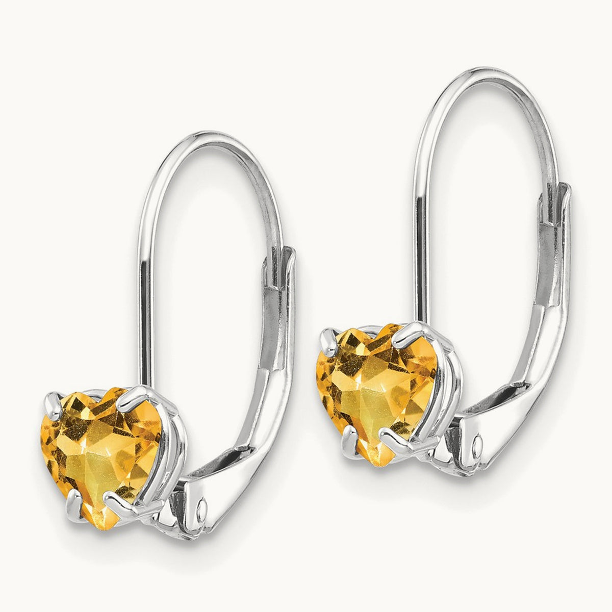 Heart Citrine Leverback Earrings, 5mm, 14K White Gold
