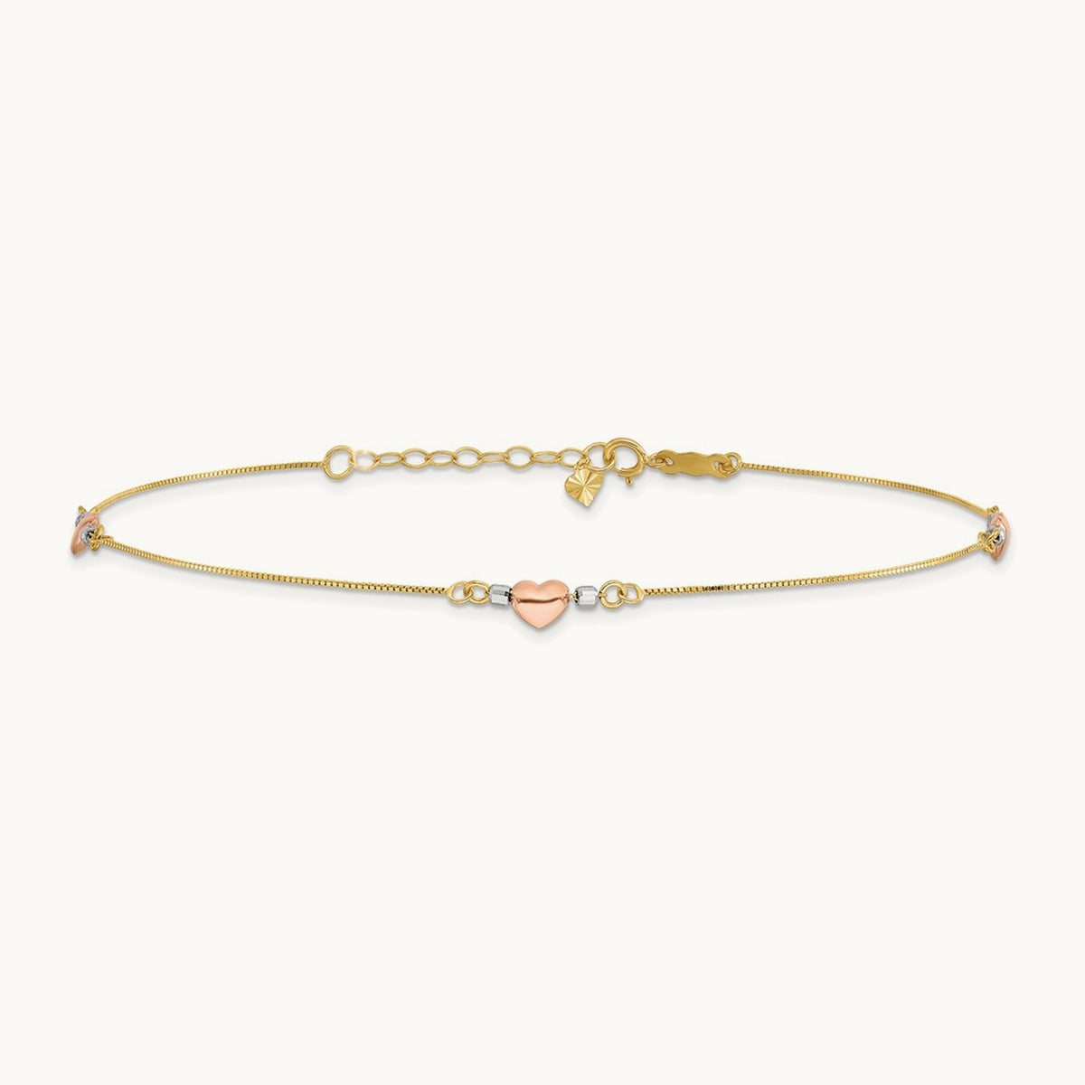 Tri-Color Puffed Heart 10in Plus 1in ext Anklet, 14K