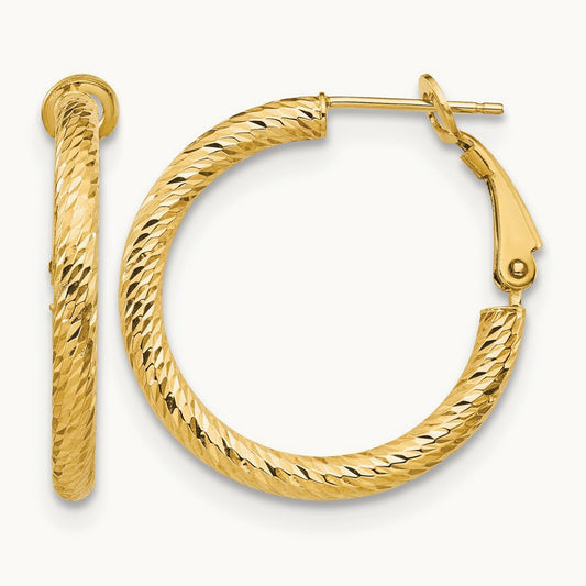 3x20 Diamond-cut Round Omega Back Hoop Earrings — 10K Yellow Gold