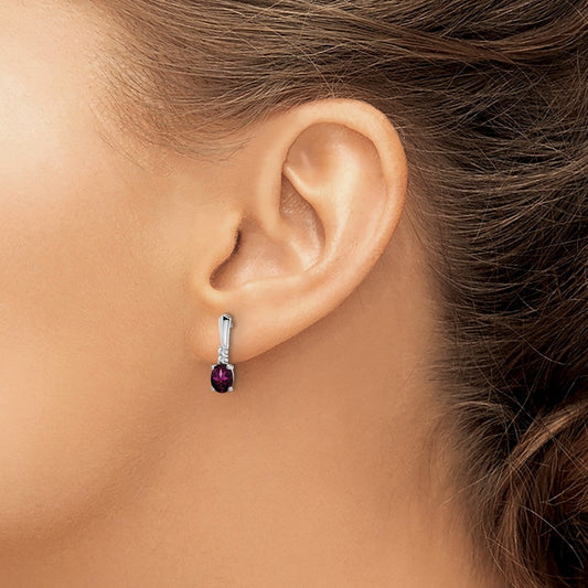 Oval Rhodolite Garnet and Diamond Dangle Earrings — 14K White Gold