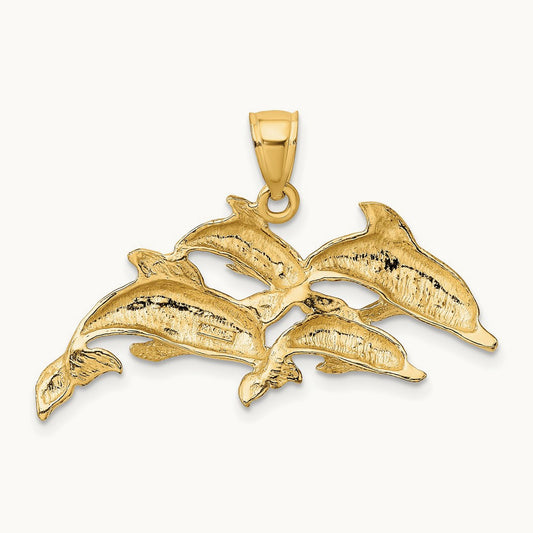 Polished Four Dolphins Swimming Charm, 14K