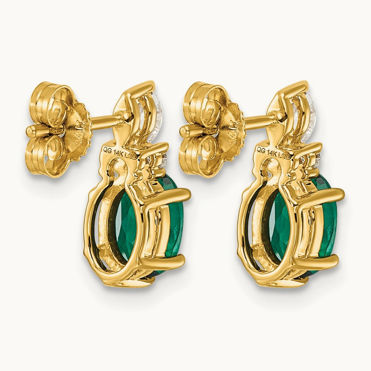 Diamond and Lab Created Emerald Post Earrings — 14K Yellow Gold