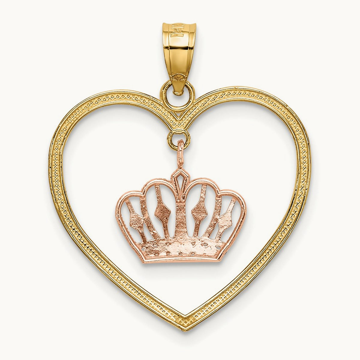 14k& White Rhodium Beaded Heart w/ Dangling Crown Charm