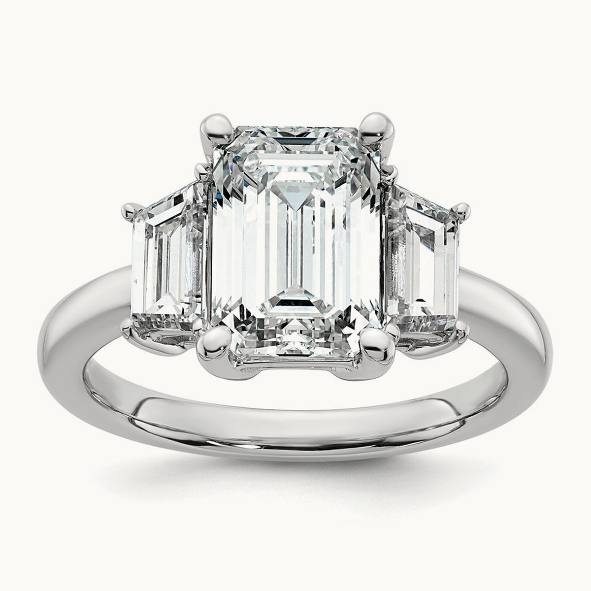 Emerald & Trapezoid Engagement Ring — 14K White Gold, 4 ct, 7