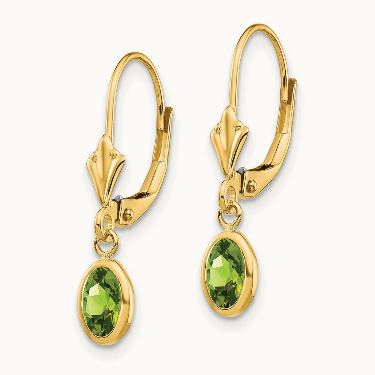 6x4 Oval Bezel August/Peridot Leverback Earrings — 14K Yellow Gold