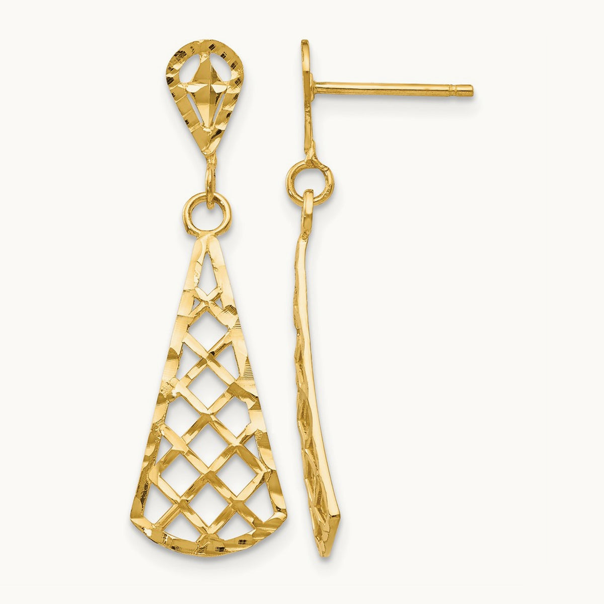 Diamond-Cut Inverted Fan Dangle Post Earring, 14K