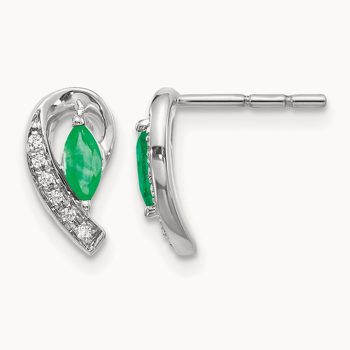 1/20Ct Diamond and Emerald Earrings — 14K White Gold