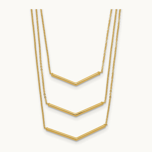 Polished 3 Strand w 2in Extension Drop Bar Necklace, 14K