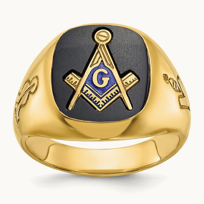 IBGoodman Men's Grooved with Onyx Blue Lodge Masonic Ring, 14K