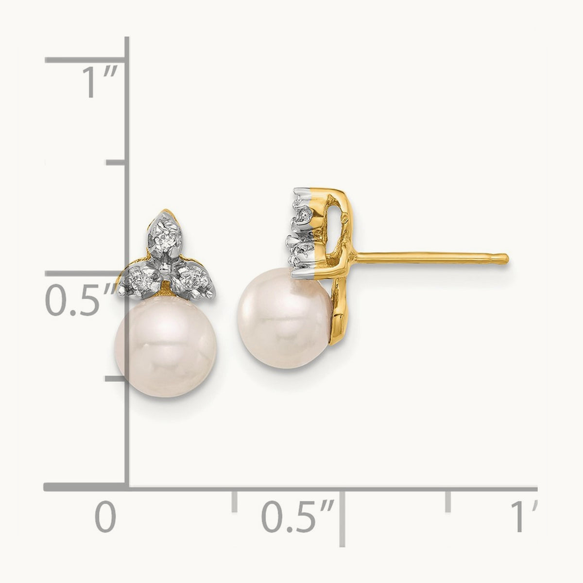 5- Round White FWC Pearl and .06ct Diamond Post Earrings, 6mm, 14K