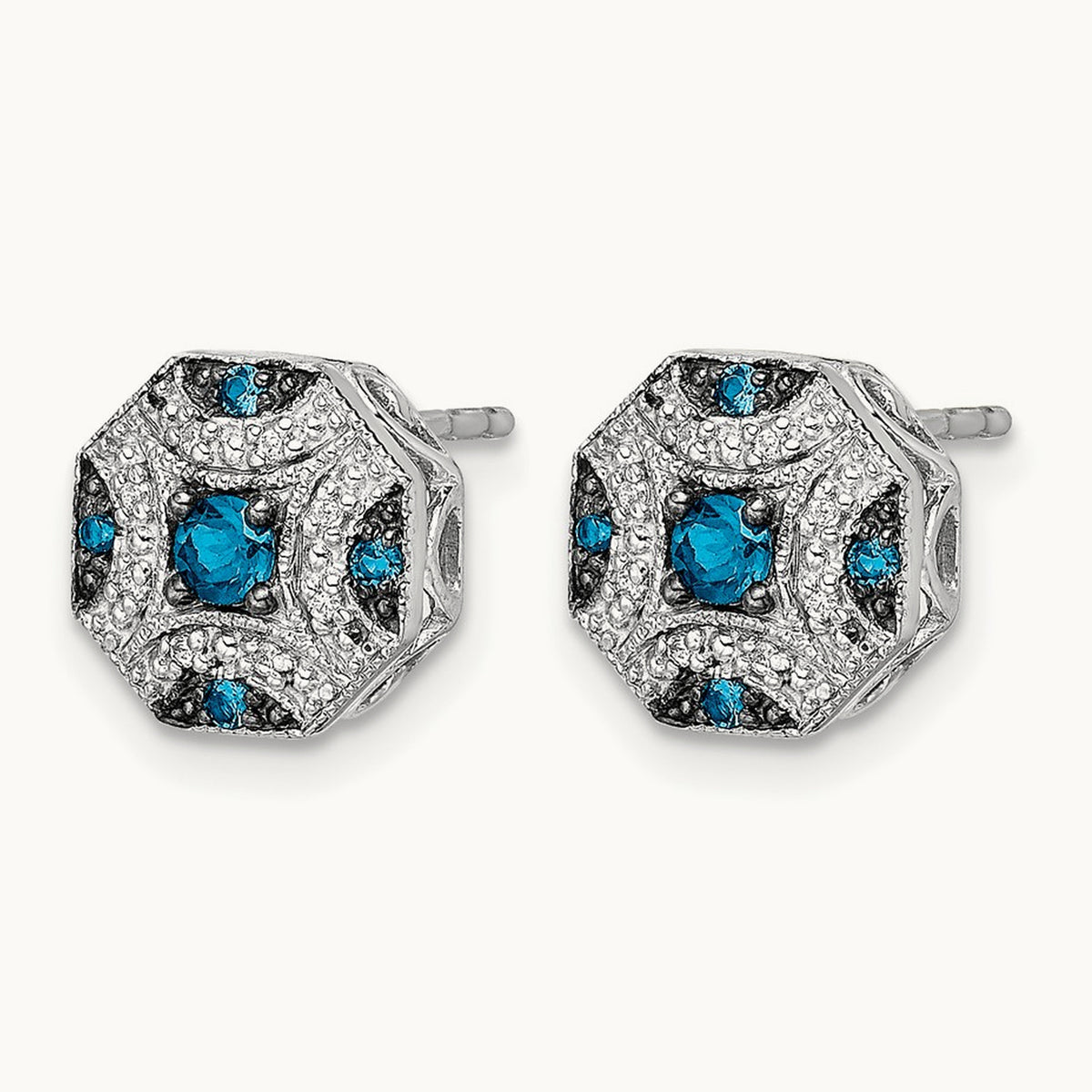 Fancy White and Blue Diamond Post Earrings, 14K White Gold