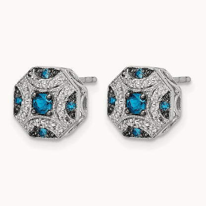 Fancy White and Blue Diamond Post Earrings, 14K White Gold