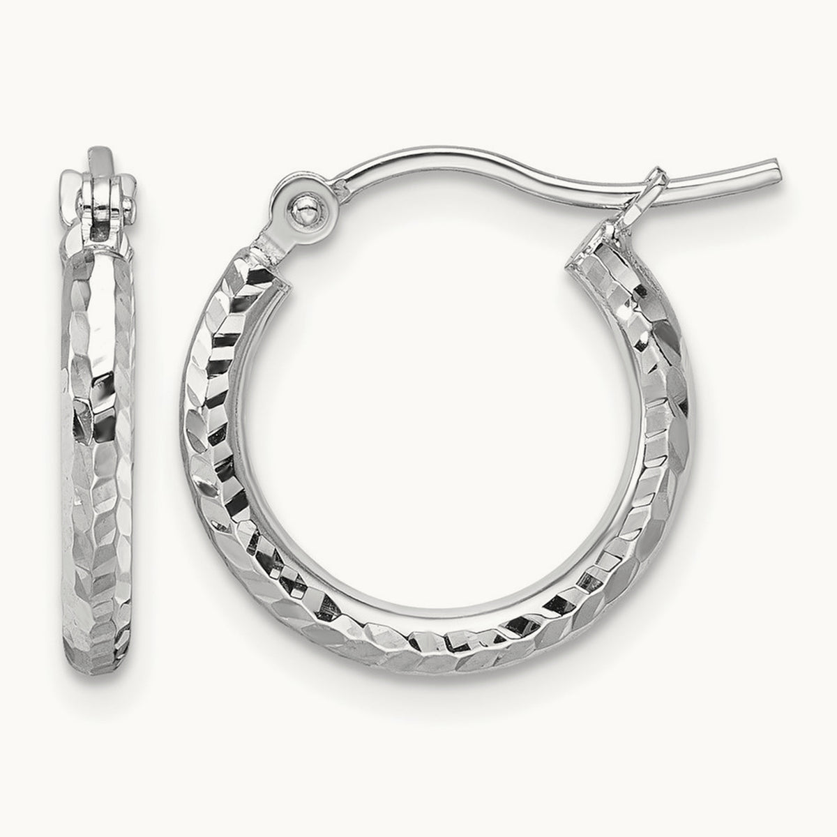 Diamond-cut Round Tube Hoop Earrings — 10K White Gold