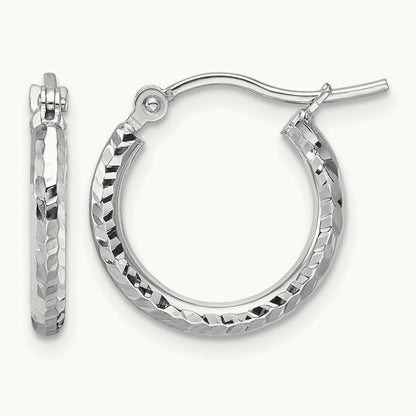 Diamond-cut Round Tube Hoop Earrings — 10K White Gold