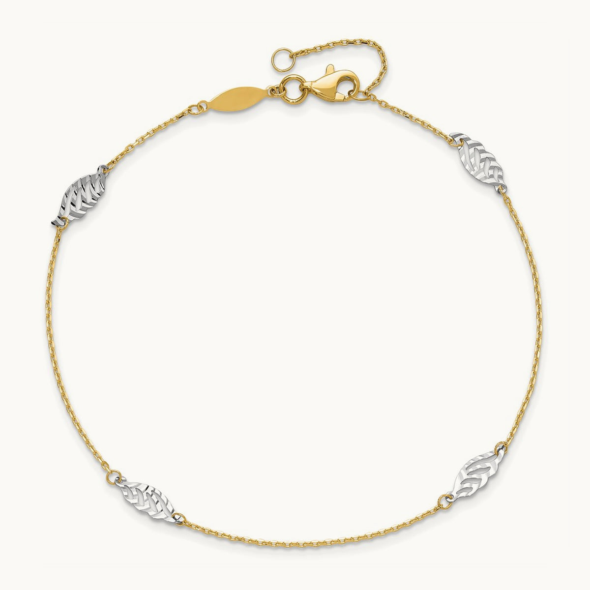 Diamond-cut Polished Leaf 9in Plus 1in ext. Anklet, 14K Two-tone