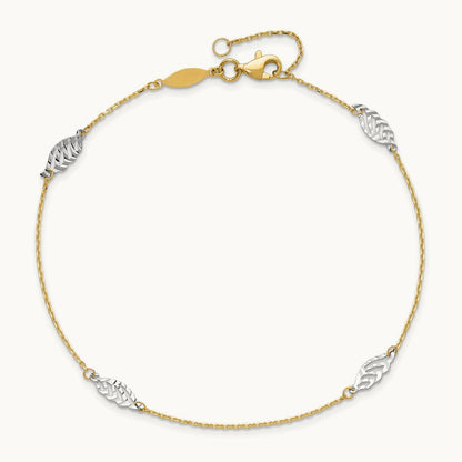 Diamond-cut Polished Leaf 9in Plus 1in ext. Anklet, 14K Two-tone