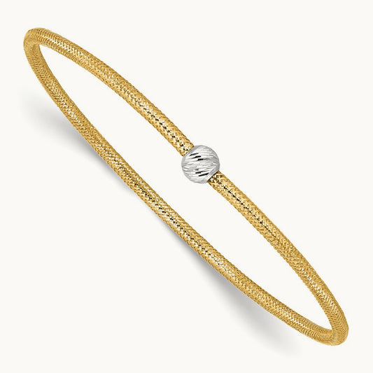 Polished with Diamond-cut Bead Stretch Bracelet, 14K with Rhodium — Leslie's