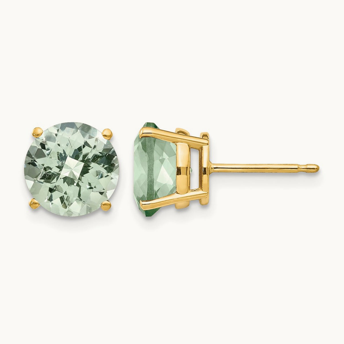Round Checker-Cut Green Quartz Earring, 8mm, 14K