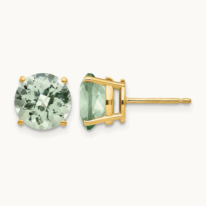 Round Checker-Cut Green Quartz Earring, 8mm, 14K
