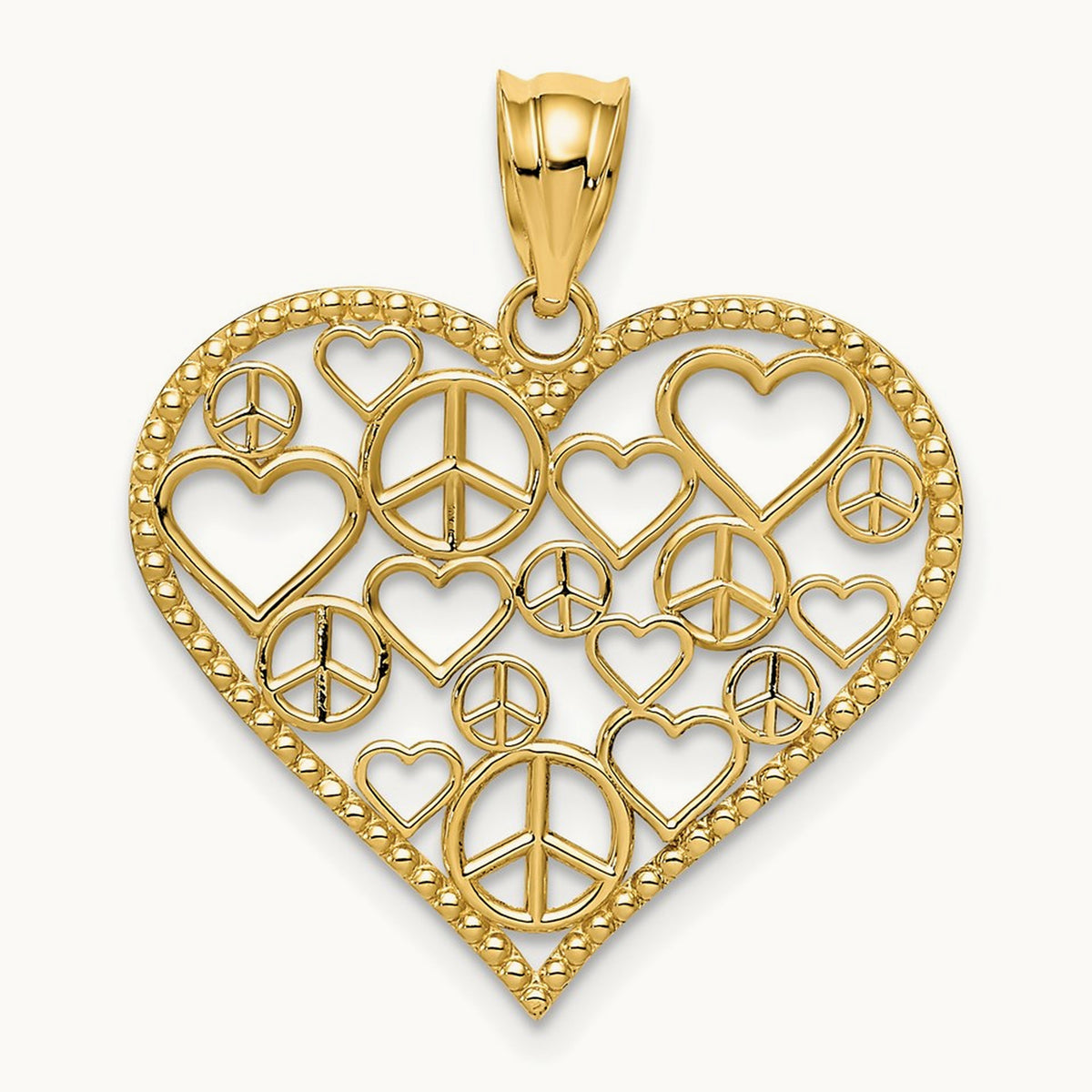 Polished Hearts and Peace Signs in Heart Pendant, 14K