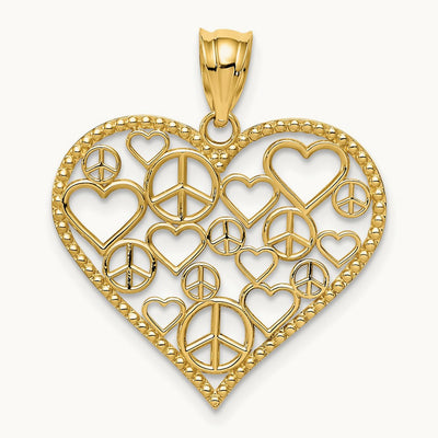 Polished Hearts and Peace Signs in Heart Pendant, 14K