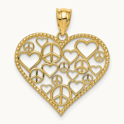 Polished Hearts and Peace Signs in Heart Pendant, 14K