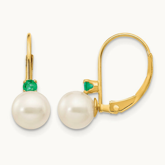 6- White Round FW Cultured Pearl Emerald Leverback Earrings, 6.5mm, 14K
