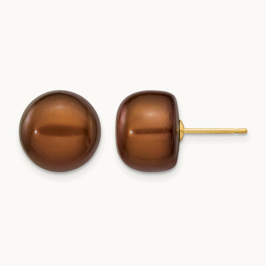 11- Brown Button Freshwater Cultured Pearl Stud Post Earrings, 12mm, 14K
