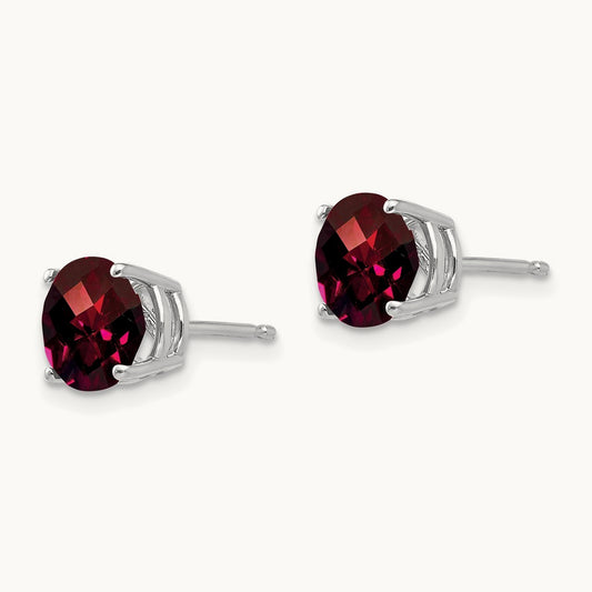 Garnet Checker Earrings, 7mm, 14K White Gold