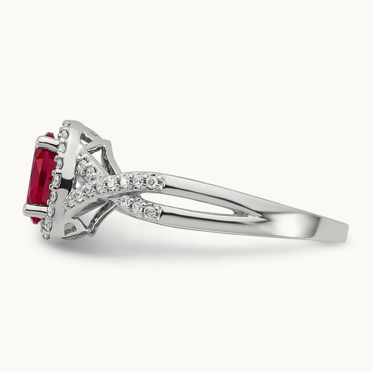 Created Ruby Oval Halo Ring — 14K White Gold, 7