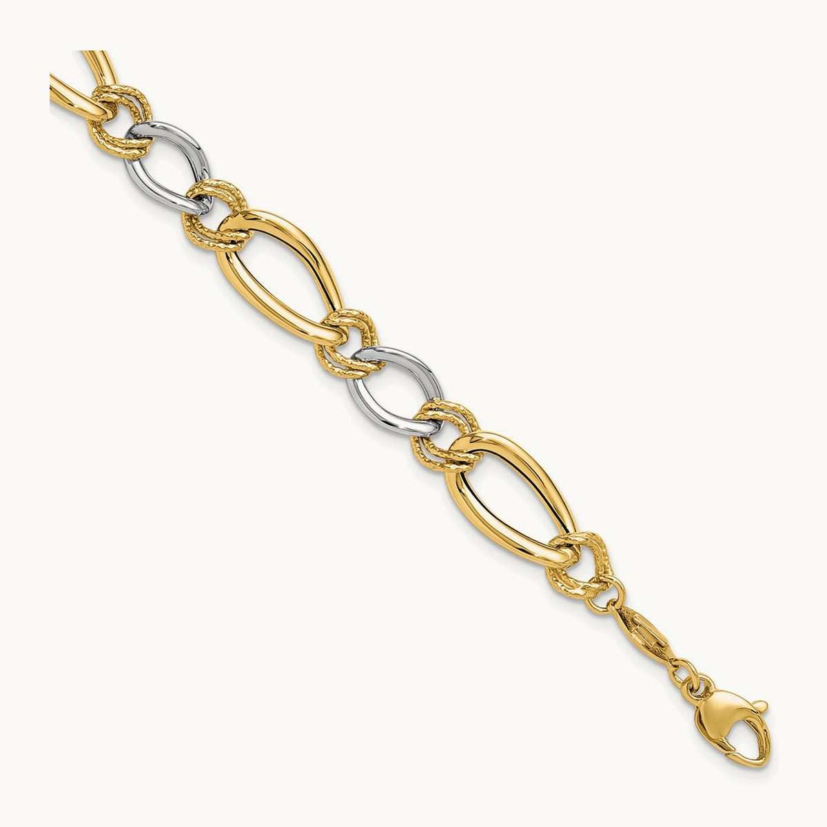 Polished & Textured Fancy Oval Curb Bracelet, 14K Two-tone